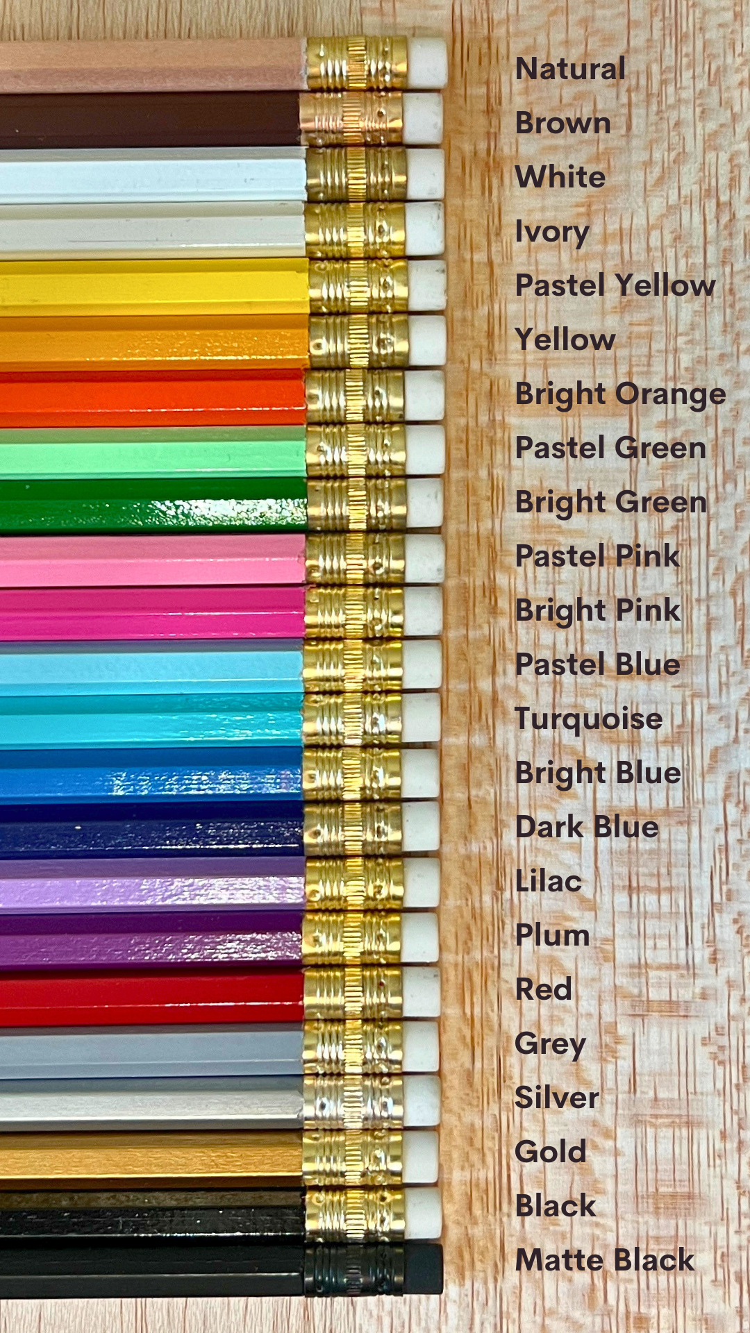 photo highlighting 23 assorted pencil colors and names for custom pencil orders