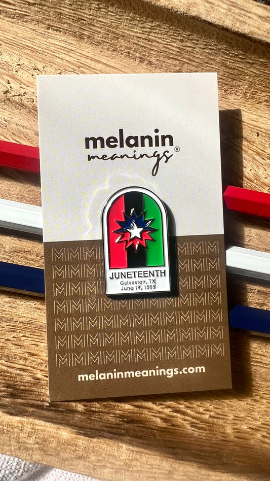 Juneteenth Freedom Day Pin on Melanin Meanings backing card with website details.